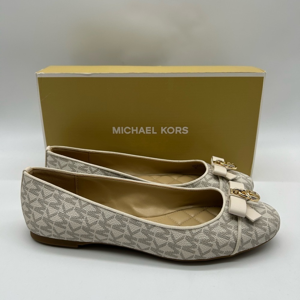 MICHAEL Michael Kors Honey Ballet Flats Vanilla MK Logo Bow Gold Charm 7.5M NIB - Picture 13 of 13
